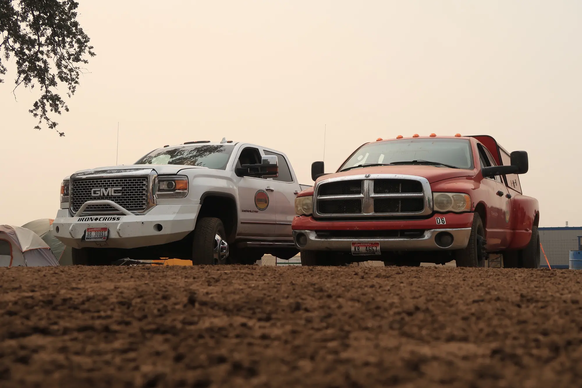Evergreen Resource trucks staged at an incident base camp