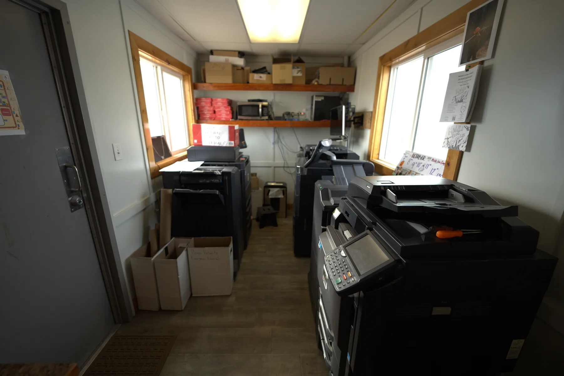 The printer and scanner station inside the Evergreen clerical trailer